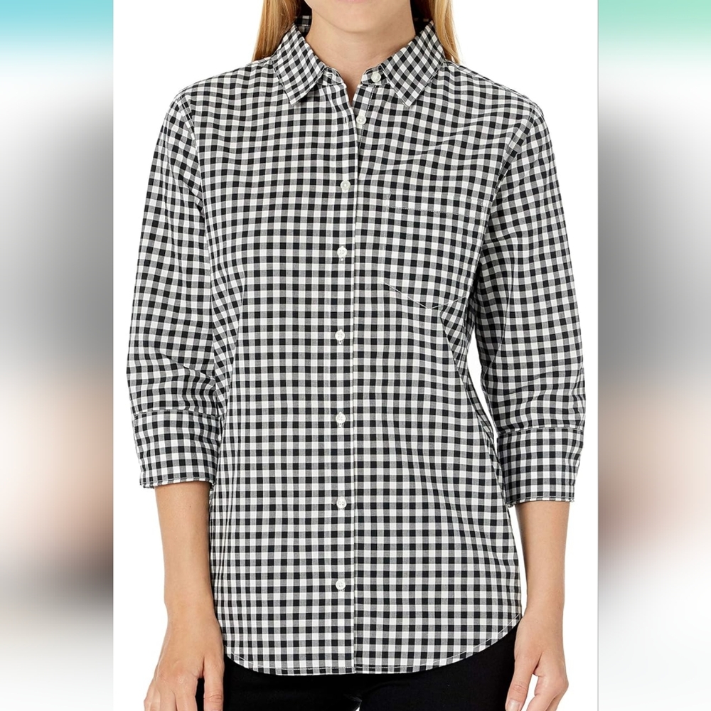 Gingham black & white plaid 3/4 sleeve checkered button up blouse size small